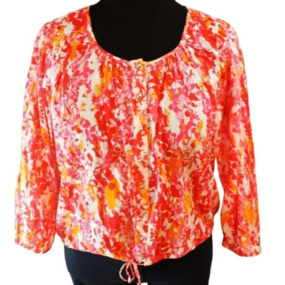 Pink Floral Shirt 12 Large lightweight loose Blouson 3/4 Sleeve Cruise Tropical